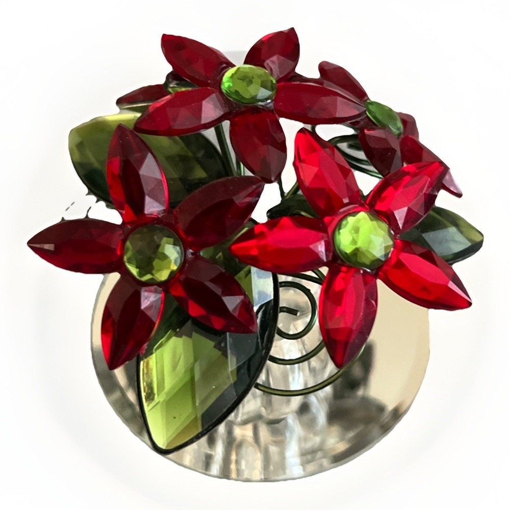 Poinsettia Flowers In Vase With Mirror Small Decor Plastic 3in Tall Shelf Sitter